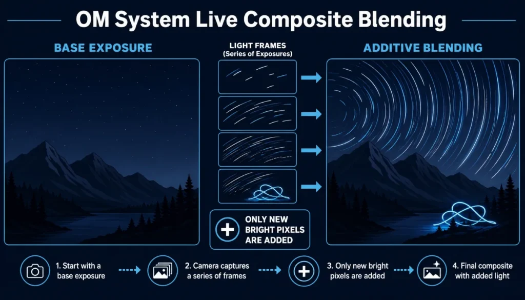 Infographic showing how OM System Live Composite blends multiple exposures by adding only new bright pixels to a base shot.