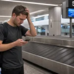 Traveler standing at empty baggage carousel after losing luggage at airport