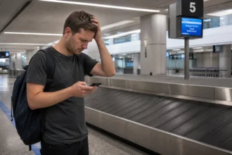 Traveler standing at empty baggage carousel after losing luggage at airport