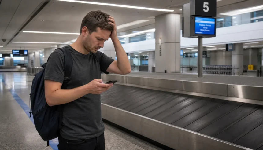 Traveler standing at empty baggage carousel after losing luggage at airport