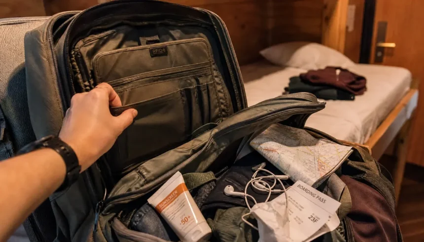 A traveler searching through an open backpack for a missing passport while sitting on a hostel bed abroad
