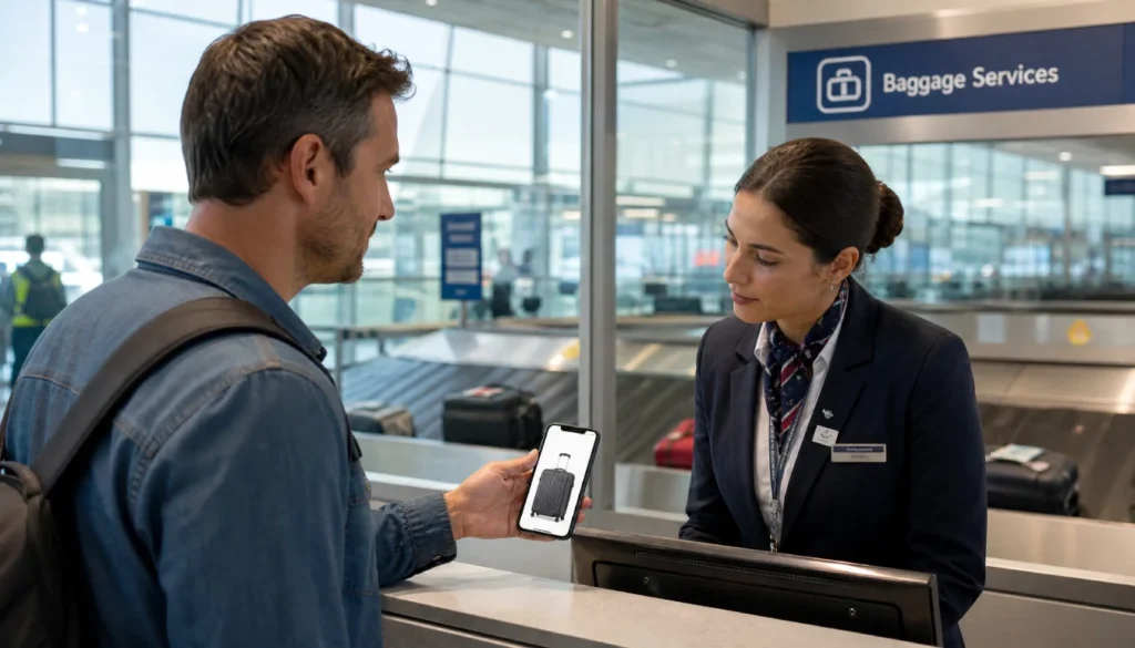 Traveler showing a luggage photo on their phone to an airline agent at the lost baggage counter