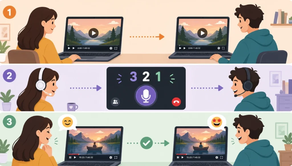 Step-by-step illustration showing the 3-2-1 countdown method to manually sync a movie with friends online