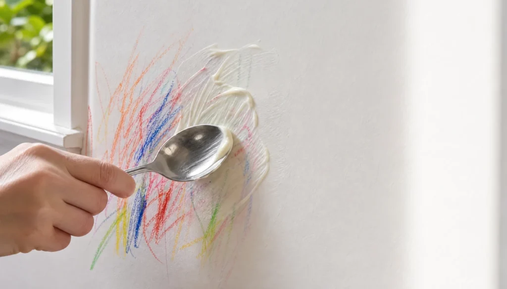 Mayonnaise applied to crayon on wall before wiping off without scrubbing