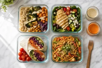 Four glass meal prep containers with different colorful meals arranged on a white marble counter for one person's weekly prep