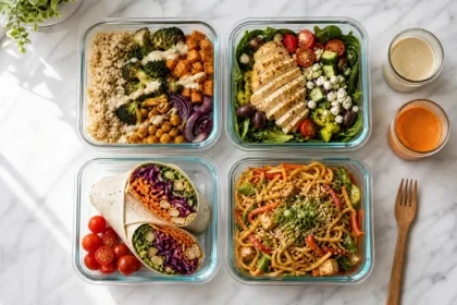 Four glass meal prep containers with different colorful meals arranged on a white marble counter for one person's weekly prep