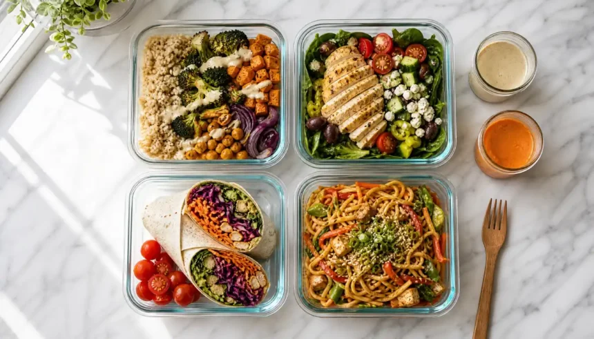 Four glass meal prep containers with different colorful meals arranged on a white marble counter for one person's weekly prep