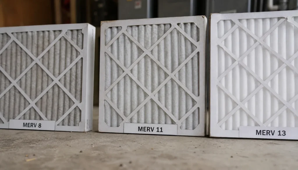 Three furnace filters showing different MERV ratings side by side