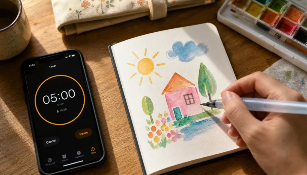 A person doing a 5-minute watercolour doodle as a micro-hobby example with a timer beside them