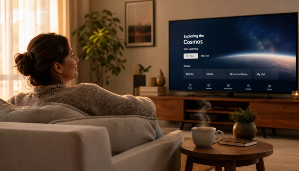 Person relaxing on a sofa watching a streaming app with a calm, clutter-free interface