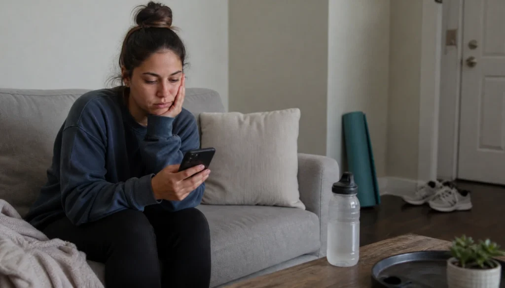 A person sitting on the couch looking at their phone while their unused yoga mat and running shoes sit in the background, representing common mistakes during the 2-week motivation slump.