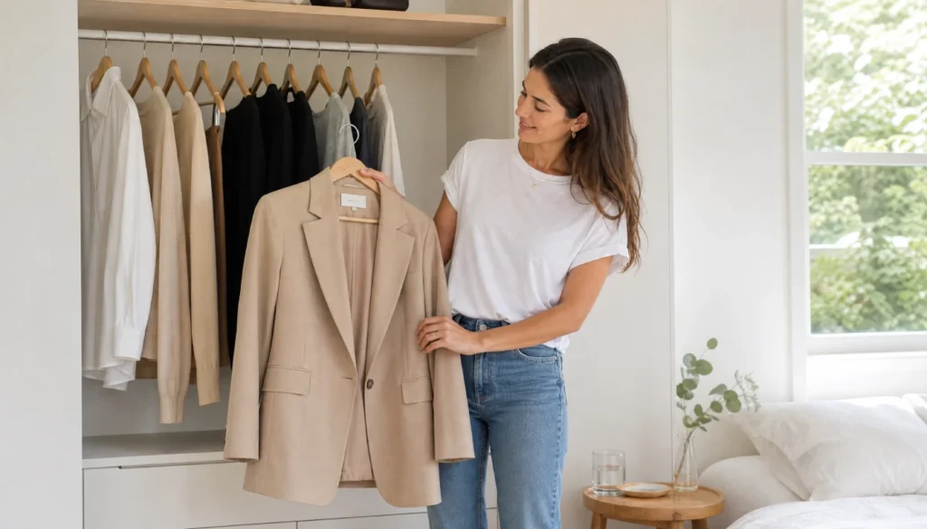 Young woman holding a beige blazer in front of a minimal wardrobe with 10 neutral clothing items on wooden hangers