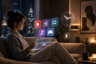 Person choosing streaming content mindfully on a tablet with time and cost icons floating nearby.