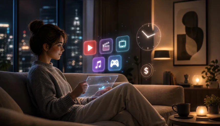 Person choosing streaming content mindfully on a tablet with time and cost icons floating nearby.