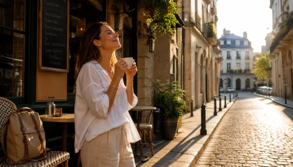 Woman standing in morning sunlight after arriving in a new city to reset her body clock and recover from jet lag