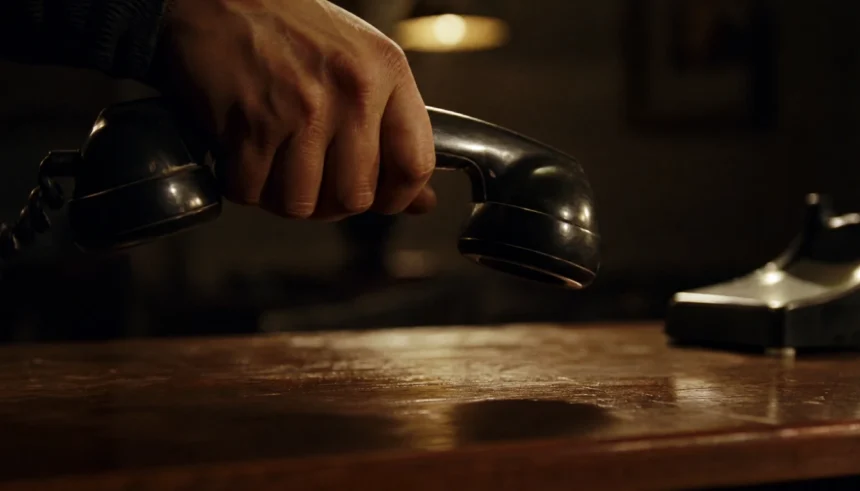 A hand lowering a telephone handset onto a desk in a dramatic, cinematic lighting setting