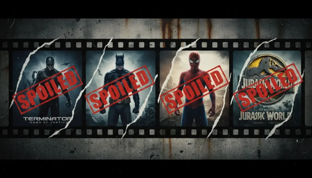 Montage of movie posters ruined by their own trailers, marked with red spoiler warning stamps