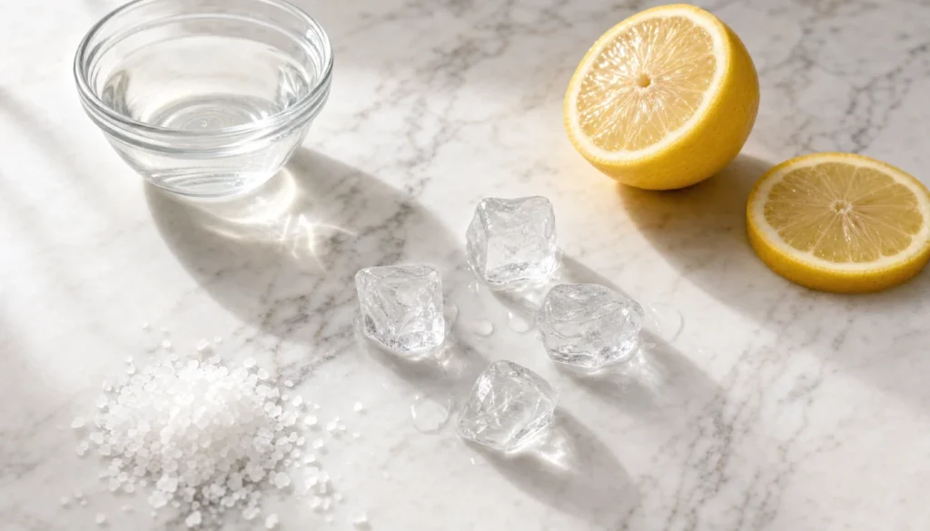 Flat lay of natural garbage disposal cleaning ingredients including ice, salt, lemon, and vinegar on a marble countertop