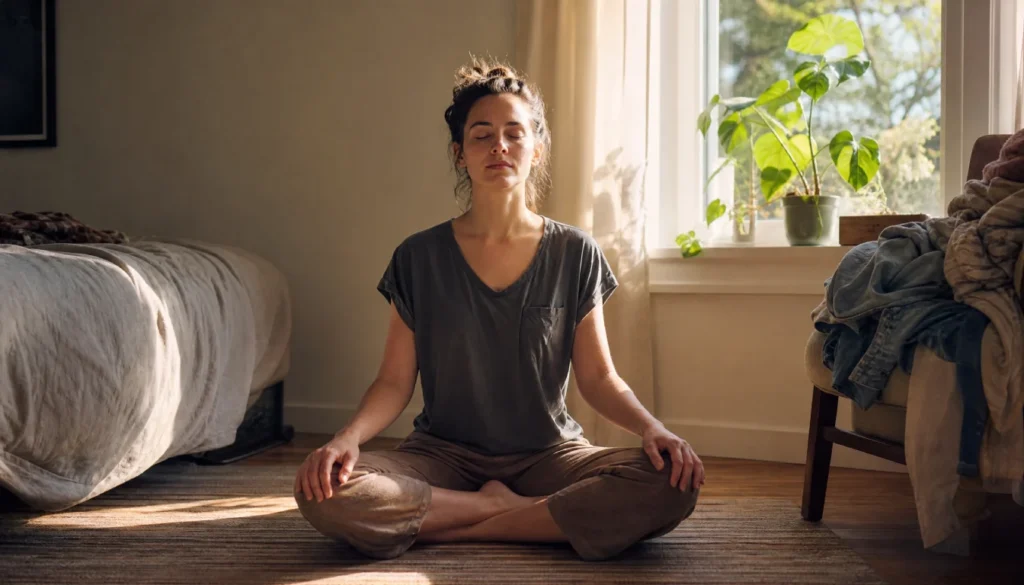 Woman sitting on a bedroom floor with eyes closed, practicing slow breathing to calm her nervous system before reaching for food.
