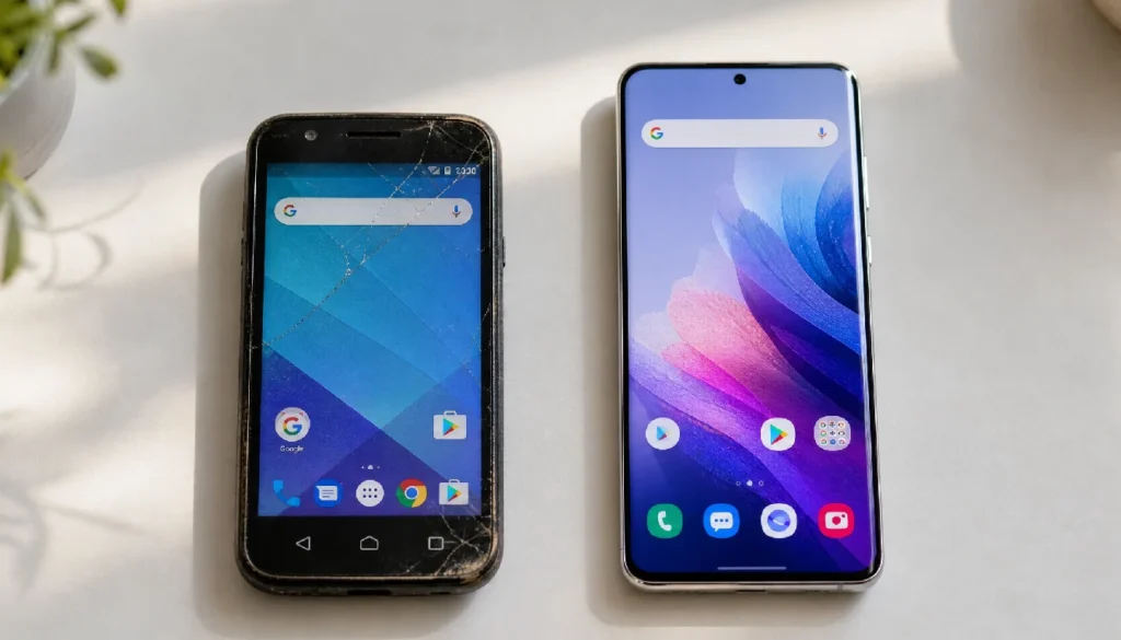 An older budget Android phone placed next to a newer flagship Android device