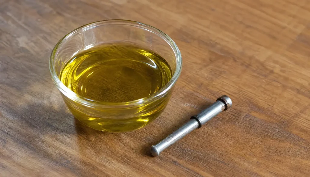 Olive oil in a small bowl next to a metal door hinge pin on a wooden counter