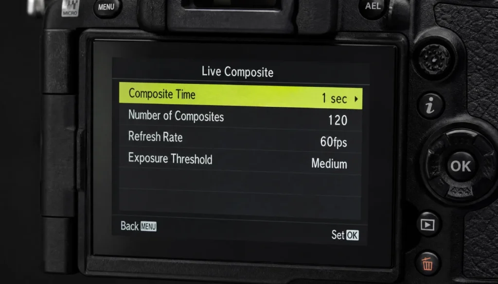 OM System OM-1 II LCD screen displaying Live Composite settings: 1 second exposure, 120 composites, 60fps refresh, Medium threshold.