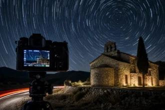 OM System OM-1 II camera on tripod capturing star trails with Live Composite mode at night in front of a stone chapel.