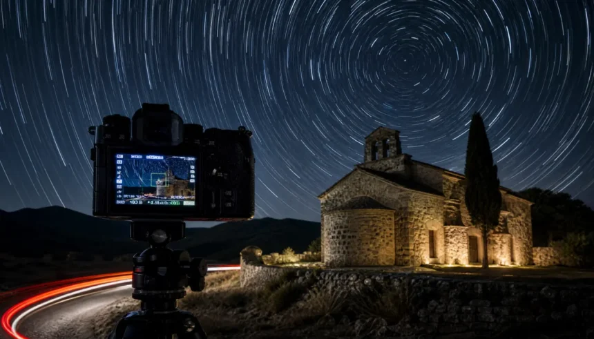 OM System OM-1 II camera on tripod capturing star trails with Live Composite mode at night in front of a stone chapel.