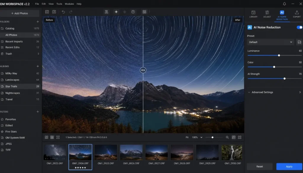 OM Workspace 2026 AI Denoise module applied to a Live Composite star trail image showing before/after noise reduction.