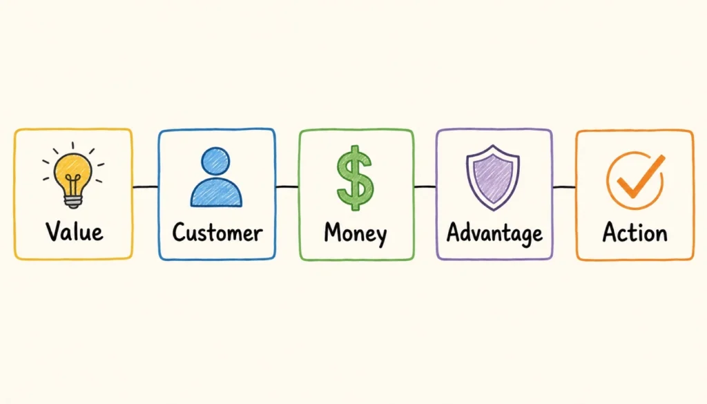 5-step one-page business plan process: value, customer, money, advantage, action