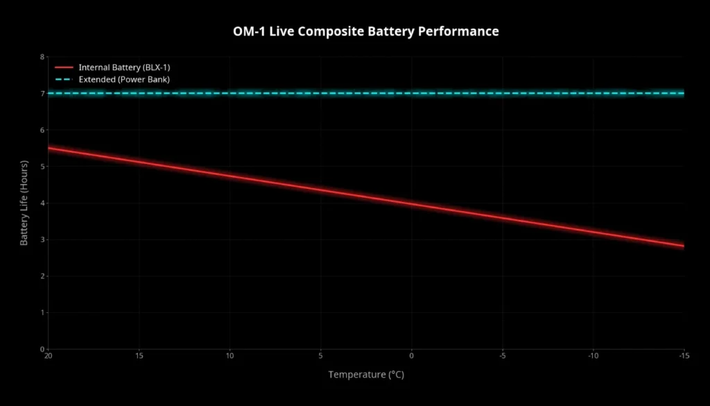 Chart showing OM System OM-1 BLX-1 battery life in hours at different cold temperatures during Live Composite night photography