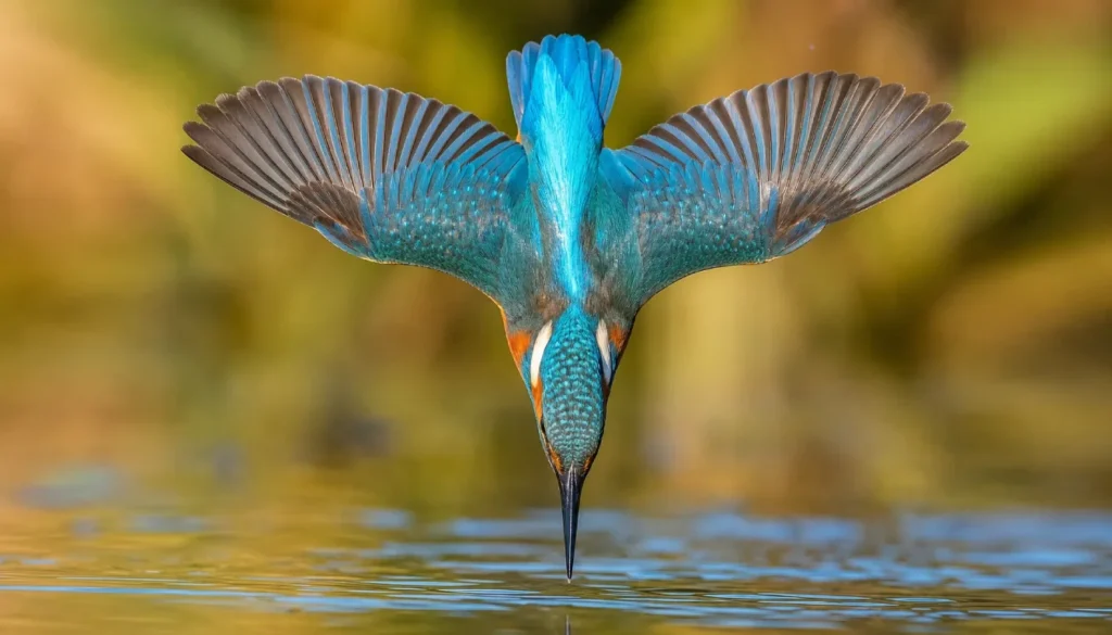 Kingfisher diving action shot using OM-1 AI Bird Detection autofocus.