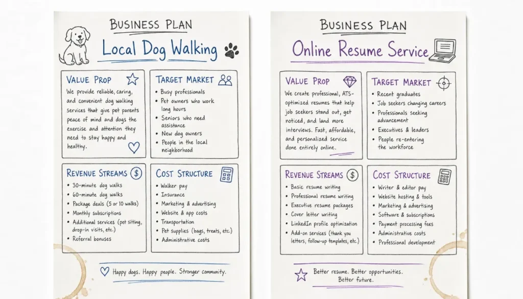 Two simple one-page business plan examples: dog walking service and online resume business