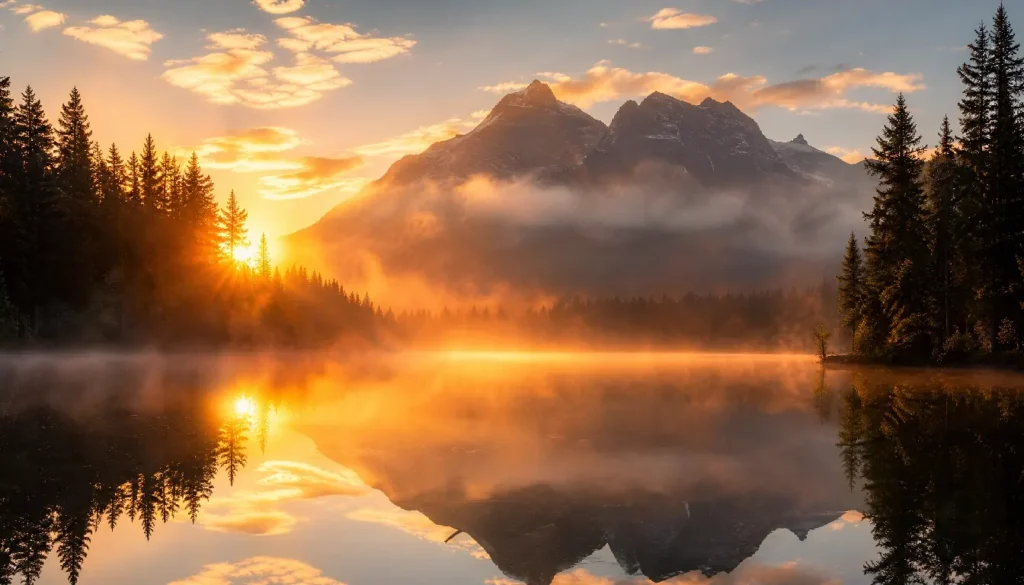 OM System OM-1 landscape photo at sunrise, misty lake, rich colors.