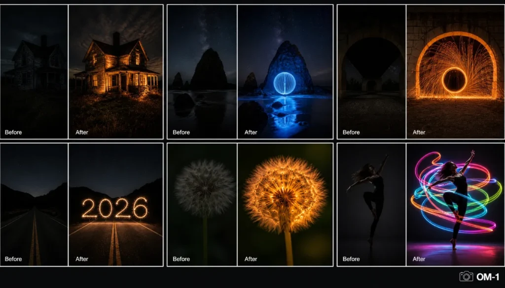 Six before and after light painting photo pairs captured with the OM System OM-1 showing how long exposure transforms night scenes