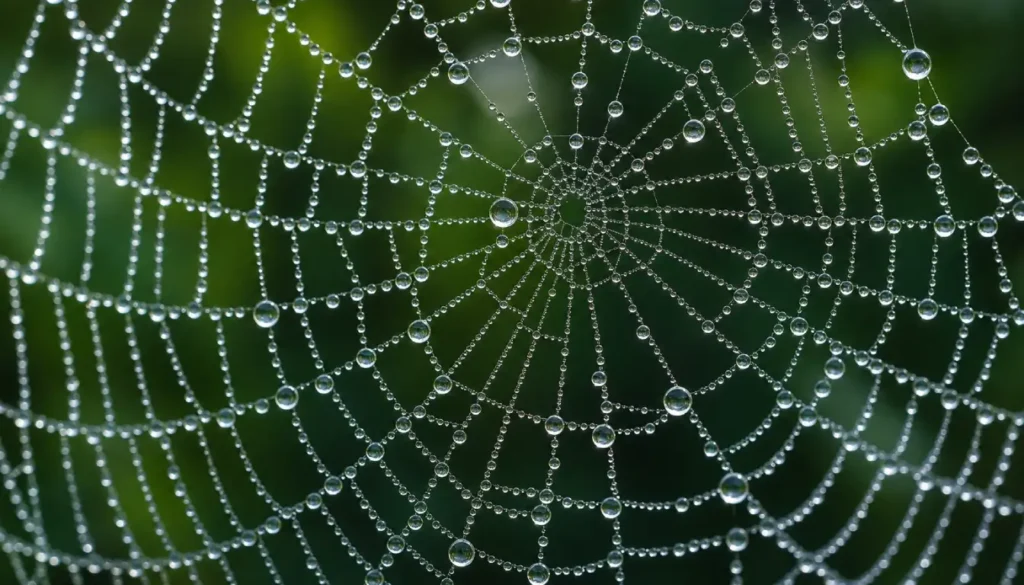 Macro photo of dew-covered spider web taken with OM System OM-1 focus stacking.