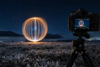 OM System OM-1 on tripod capturing a light painting orb under a starry night sky in a frosty landscape