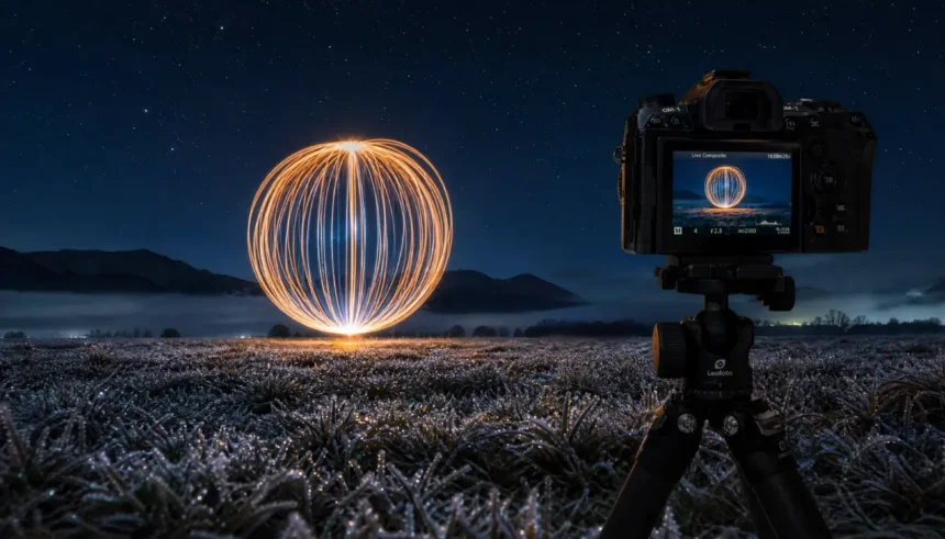 OM System OM-1 on tripod capturing a light painting orb under a starry night sky in a frosty landscape