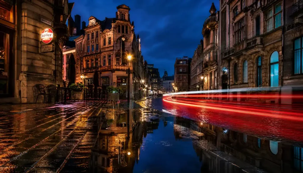 OM-1 handheld 1-second exposure of rainy street at twilight, stabilized.