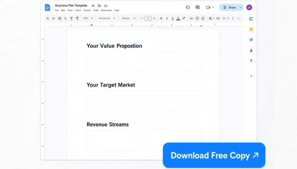 Preview of free one-page business plan template with fillable sections