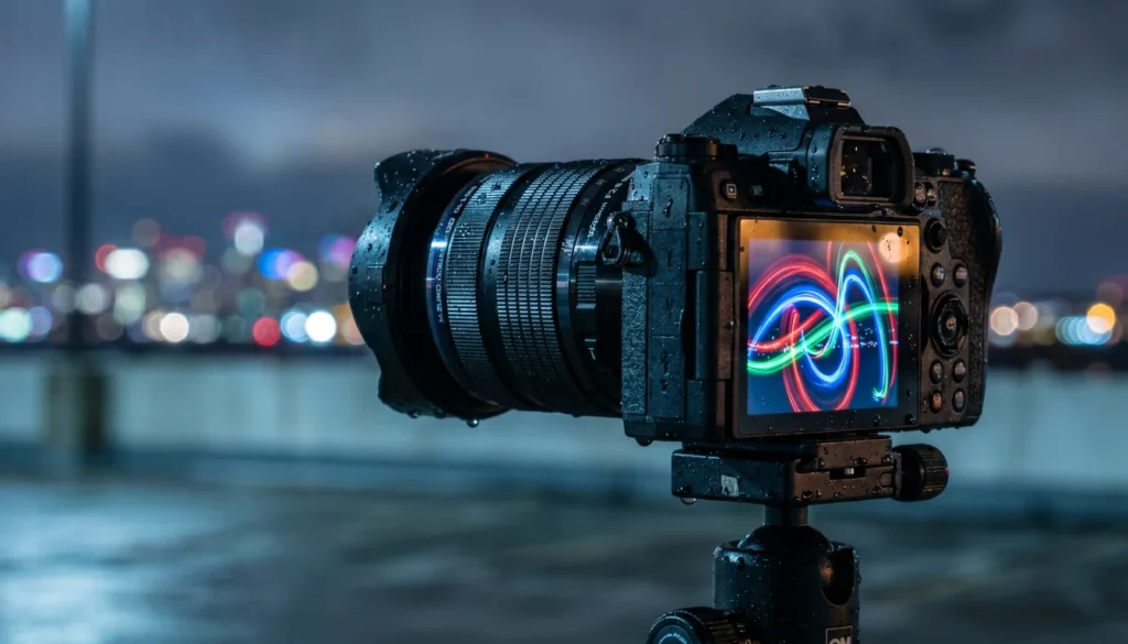 OM System OM-1 with lens in heavy rain, water droplets on sealed body while shooting night light painting