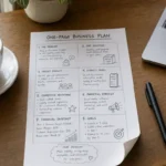 One-page business plan flat-lay on wooden desk with coffee and laptop