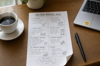 One-page business plan flat-lay on wooden desk with coffee and laptop
