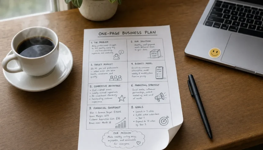 One-page business plan flat-lay on wooden desk with coffee and laptop