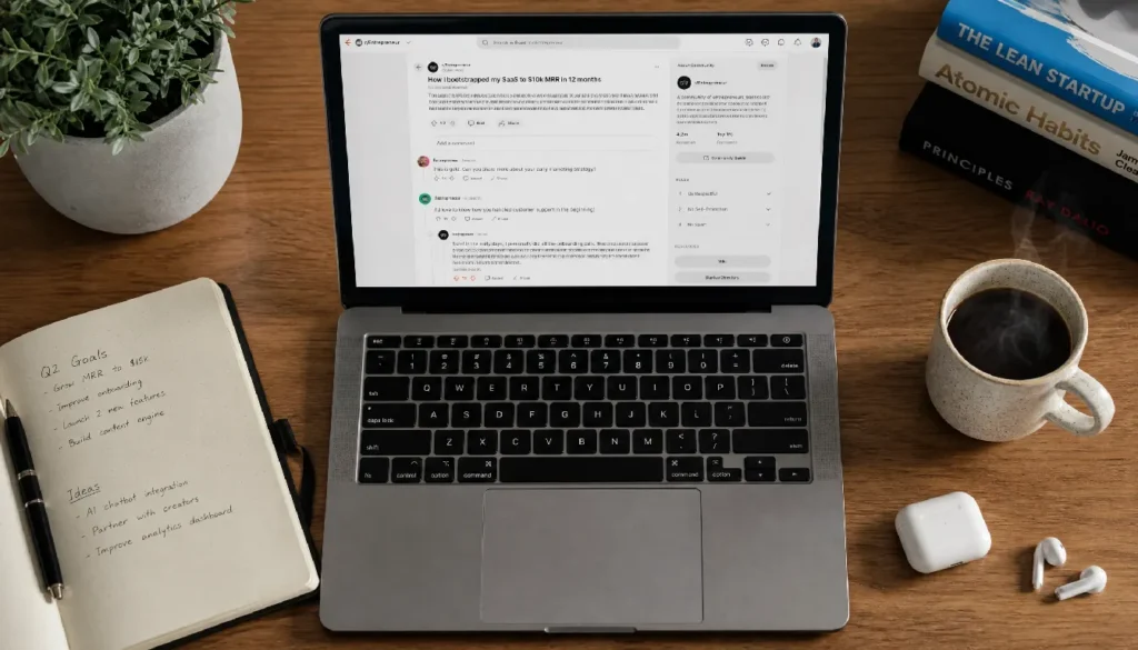 A laptop showing an active online community thread, representing the strategy of participating in niche forums and groups to attract your first paying customer.
