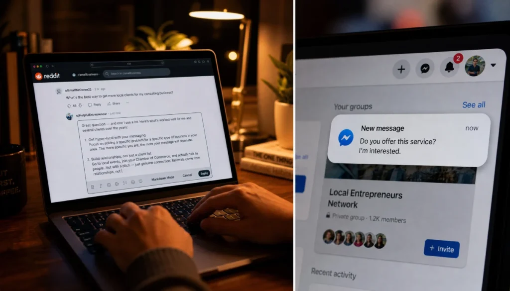 Person engaging in an online community forum to get first paying customers with zero budget