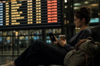 Stranded female traveller calmly preparing for an overnight airport stay after a flight delay with no hotel voucher