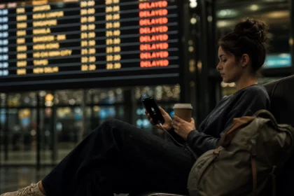 Stranded female traveller calmly preparing for an overnight airport stay after a flight delay with no hotel voucher