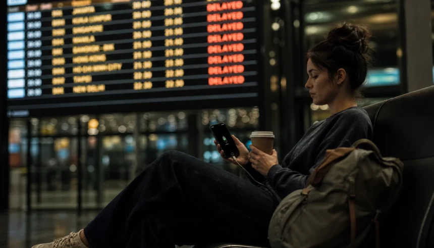 Stranded female traveller calmly preparing for an overnight airport stay after a flight delay with no hotel voucher