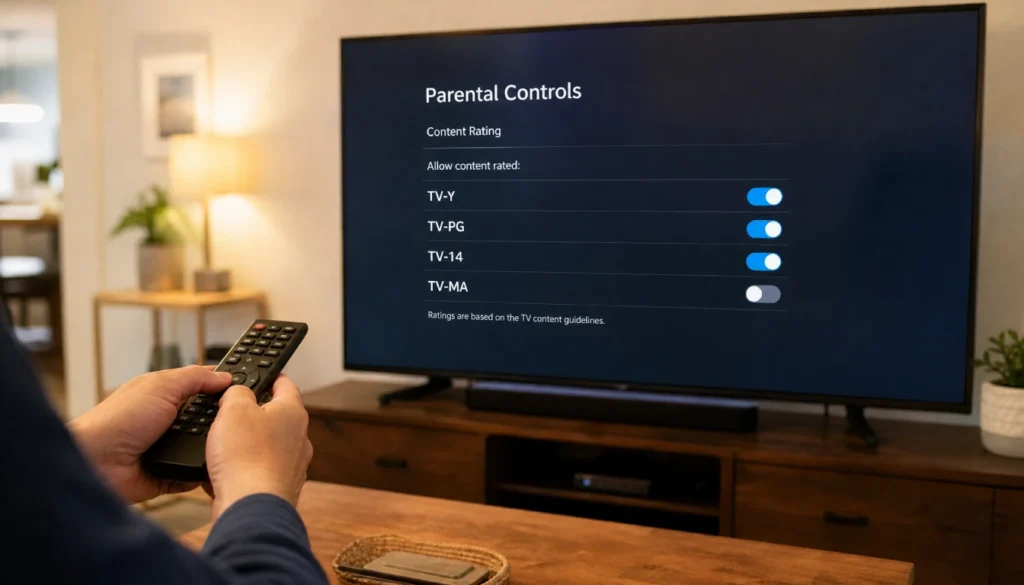 Parent adjusting TV parental control settings on a flatscreen TV using a remote control